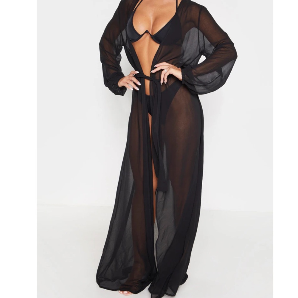PrettyLittleThing Black Sheer Maxi Belted Cover-Up Beach Kimono